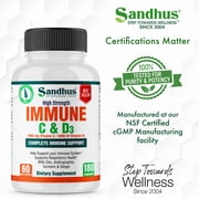 Sandhu's High Strength Immune C & D3 Supplement Capsules, Complete Immune Support, 1000mg, 180 Ct