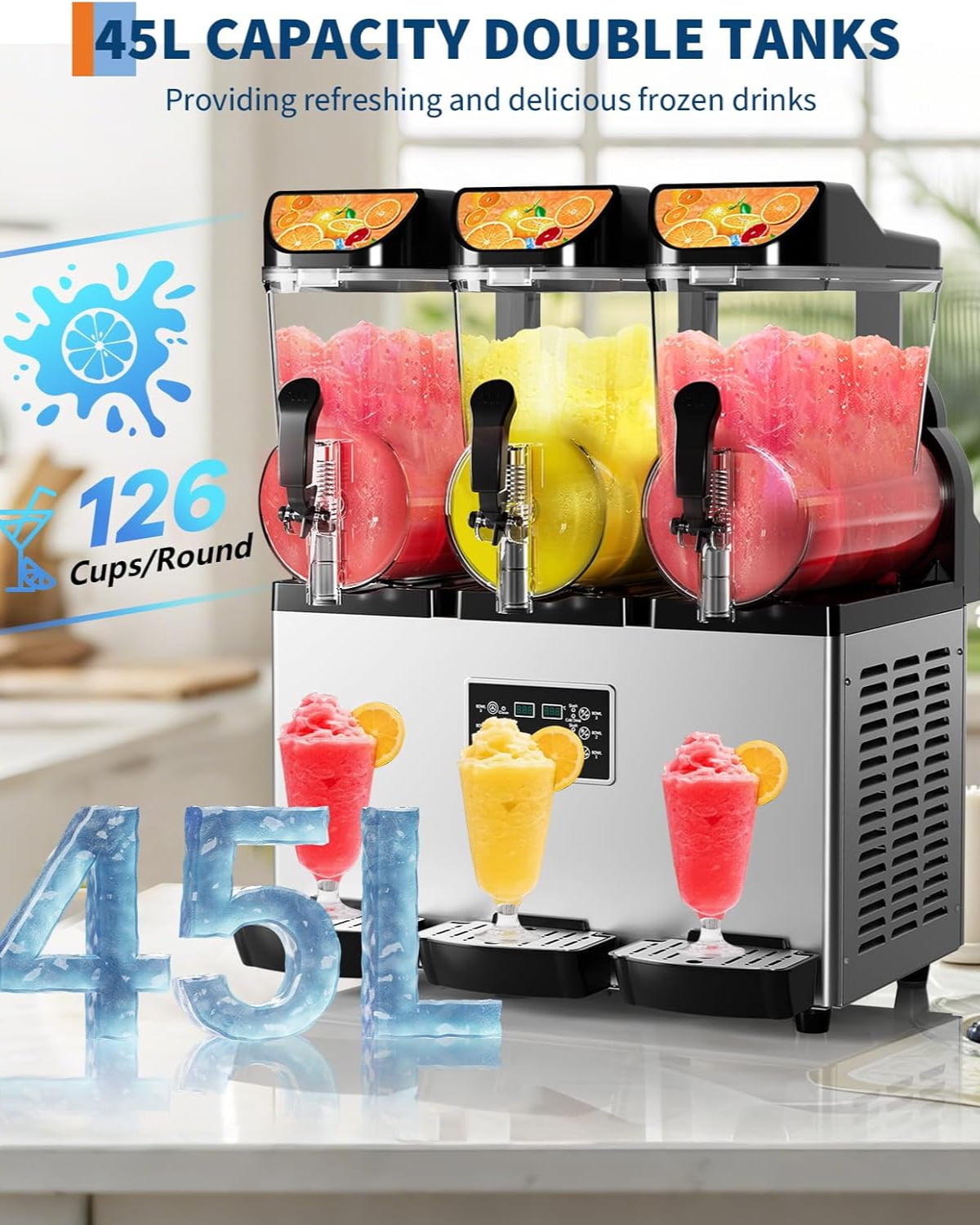 Garvee Commercial Slushy Machine with Self-Cleaning, 11.8Gal Frozen Drink Machine for Home, Restaurants, 1200W, Black & Silver