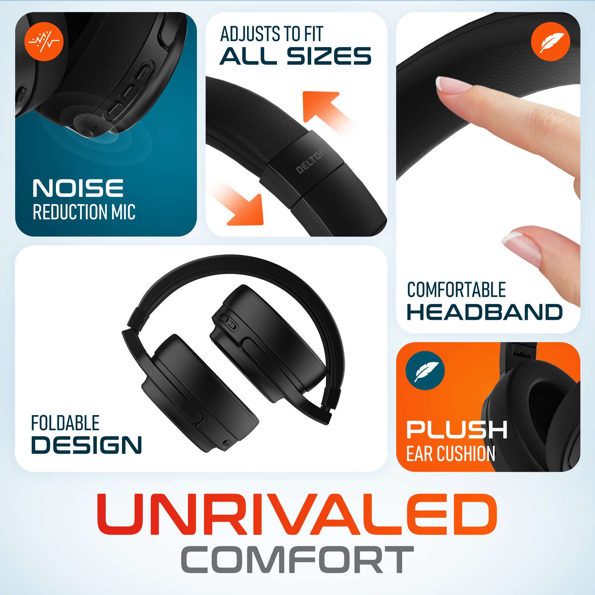 Delton M101D Active Noise Canceling Bluetooth Headphones , Wireless Over Ear Bluetooth Headsets with Microphone, Ergonomic Design and Comfort Fit Ear Cups for Home/Office/Travel - Black