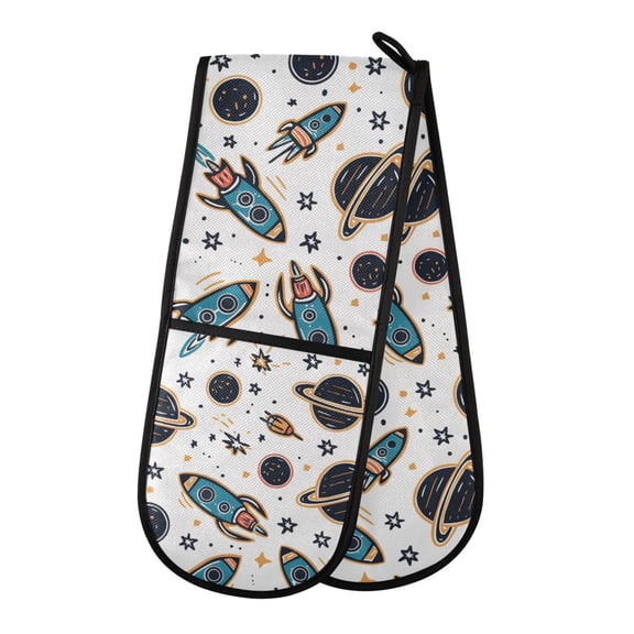 Dailycode Double Sided Oven Mitt with Loop Heat Resistant Kitchen Long Potholders 7" x 35" Cartoon Space Rockets and Planets