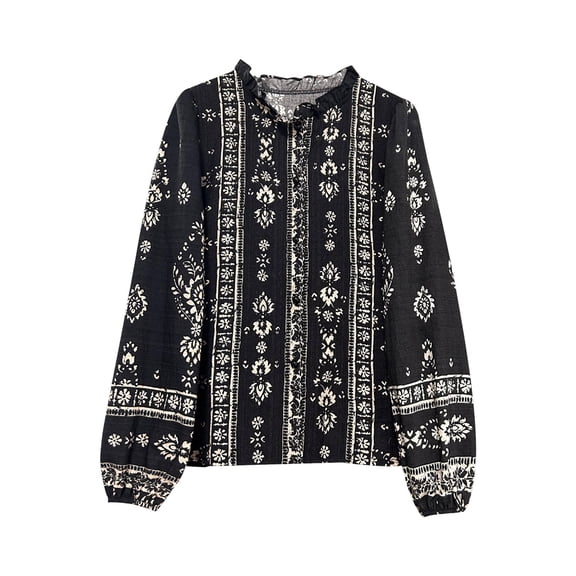 Womens Long Sleeve Button Down Cotton Linen Shirt Western Cowgirl Vintage Elegant Boho Floral Printed Blouses Black L