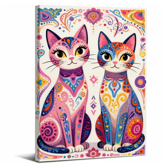 Colorful Cat Canvas Wall Art Framed,Vibrant Ornate Kitty Artwork Landscape canvas print for bathroom bedroom or living room decor,8x12in