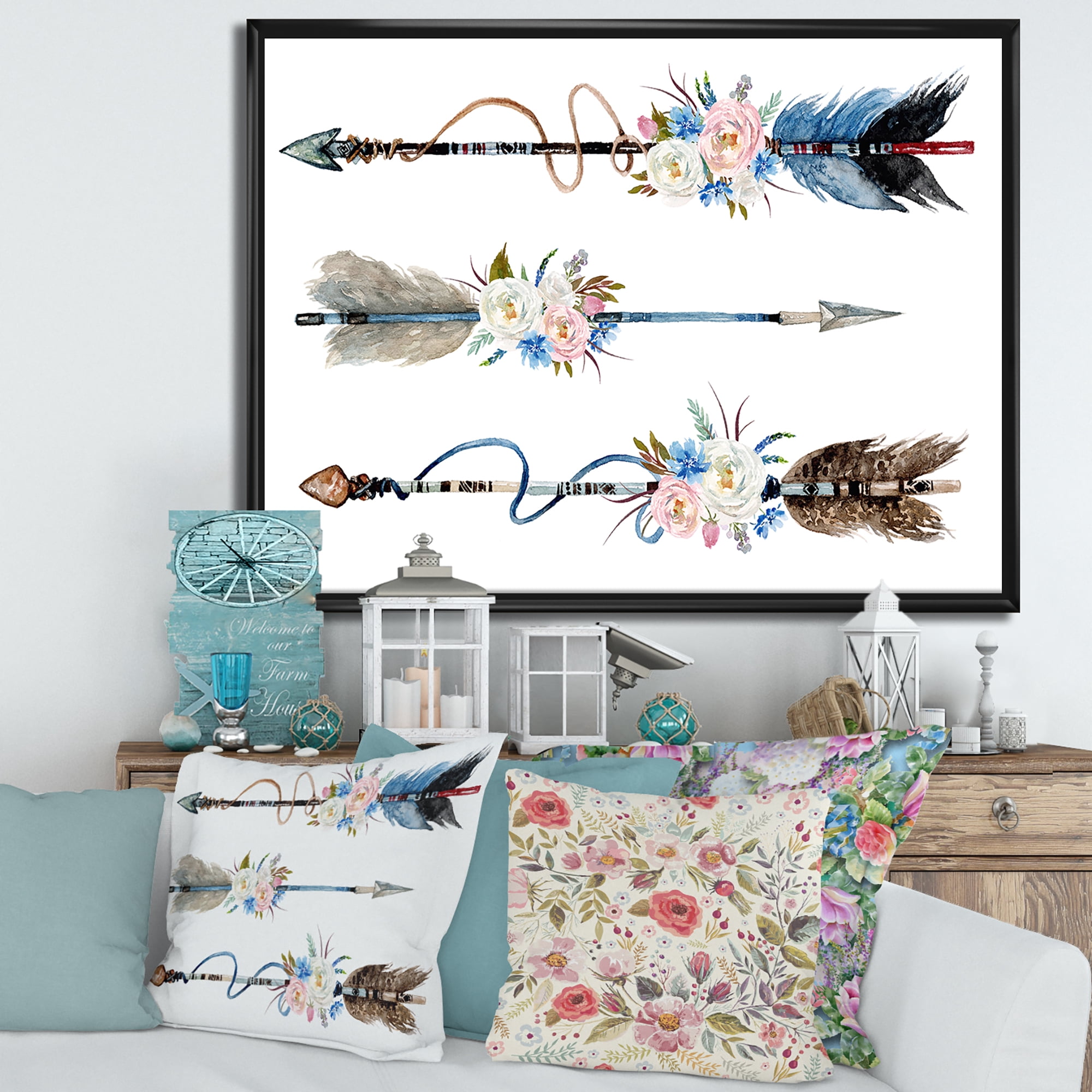 Designart 'Flowers and Ethnic Feathers On Native Arrows I' Bohemian & Eclectic Framed Canvas Wall Art Print