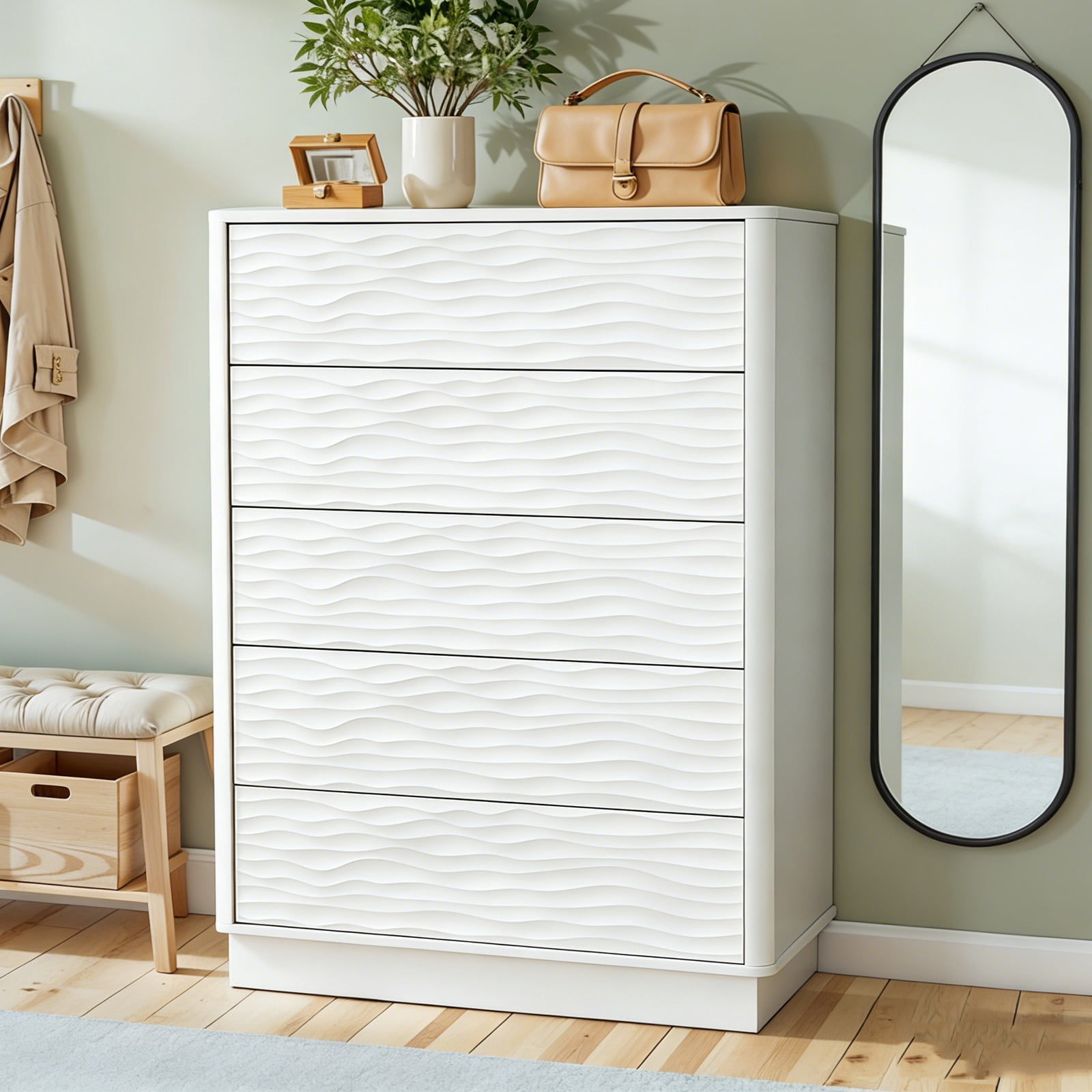 Dresser for Bedroom, 43" Tall 5 Drawer Dresser, Chest of Drawer, Modern Storage Cabinet for Kids and Adults, White