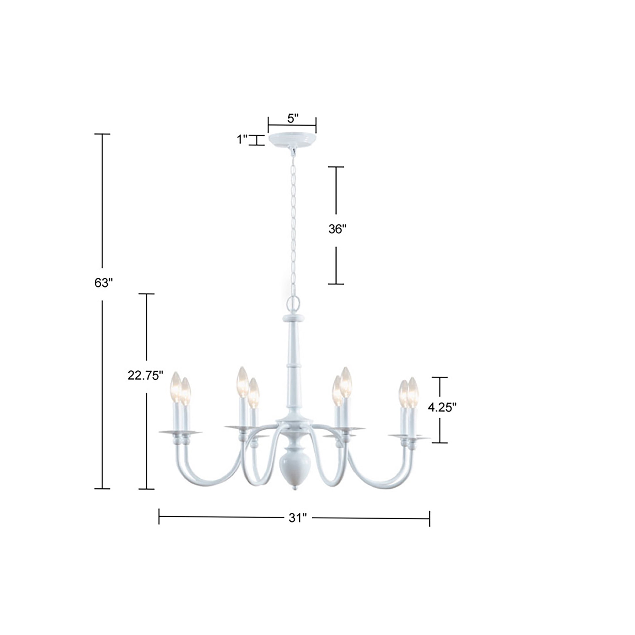 JERFIT 8-Light Glossy White Iron Chandelier, Traditional Candle Style Ceiling Light Fixture with Dimmable Function for Dining Room Kitchen