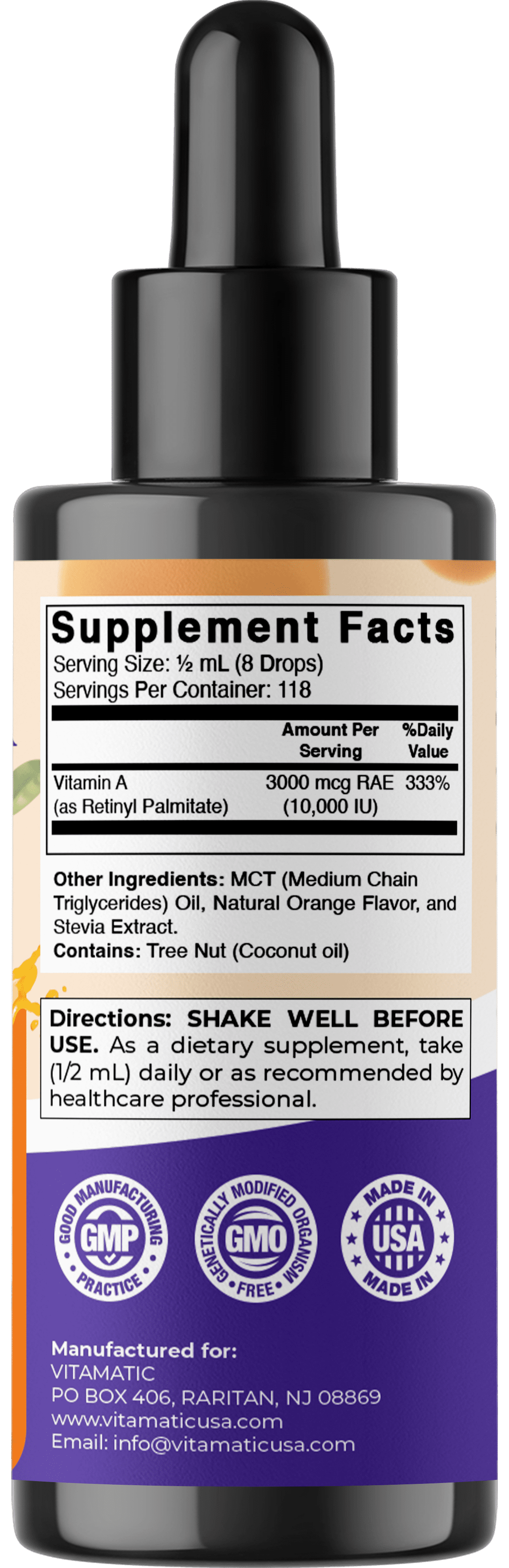 (2 pack) Vitamatic Sugar Free Vitamin A Liquid Drops 10000 IU (3000 mcg) as Retinyl Palmitate - Approximate 4 Months Supply - Immune Support, Eye Health, Skin Health - 2 FL OZ (59 ml)