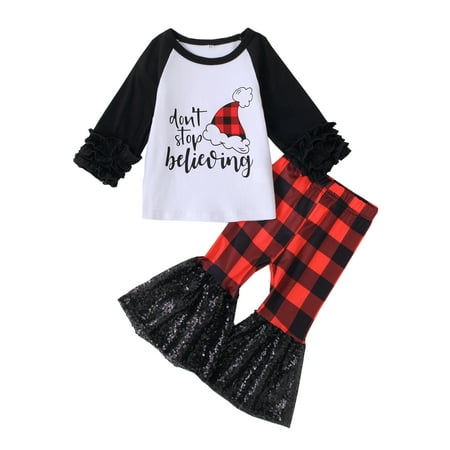 

Toddler Girls Winter Long Sleeve Alphabet Santa Hat Printed Tops Pants 2PCS Outfits Clothes Set For Baby Clothes Xmas Christmas