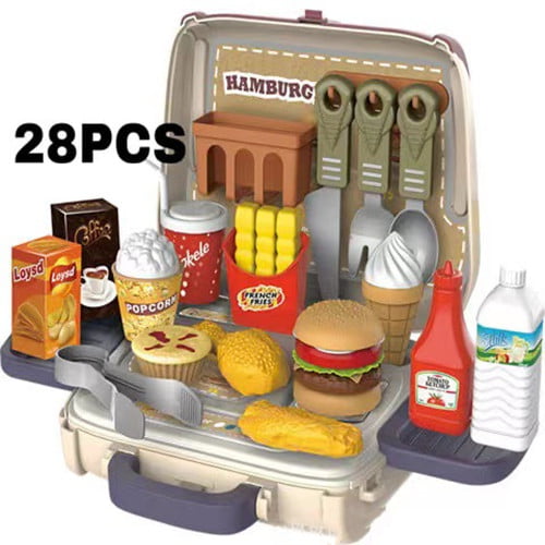 Cutlery in Suitcase 28PCS Kids Play Food Play Fast Food Toys Set Hamburger 
