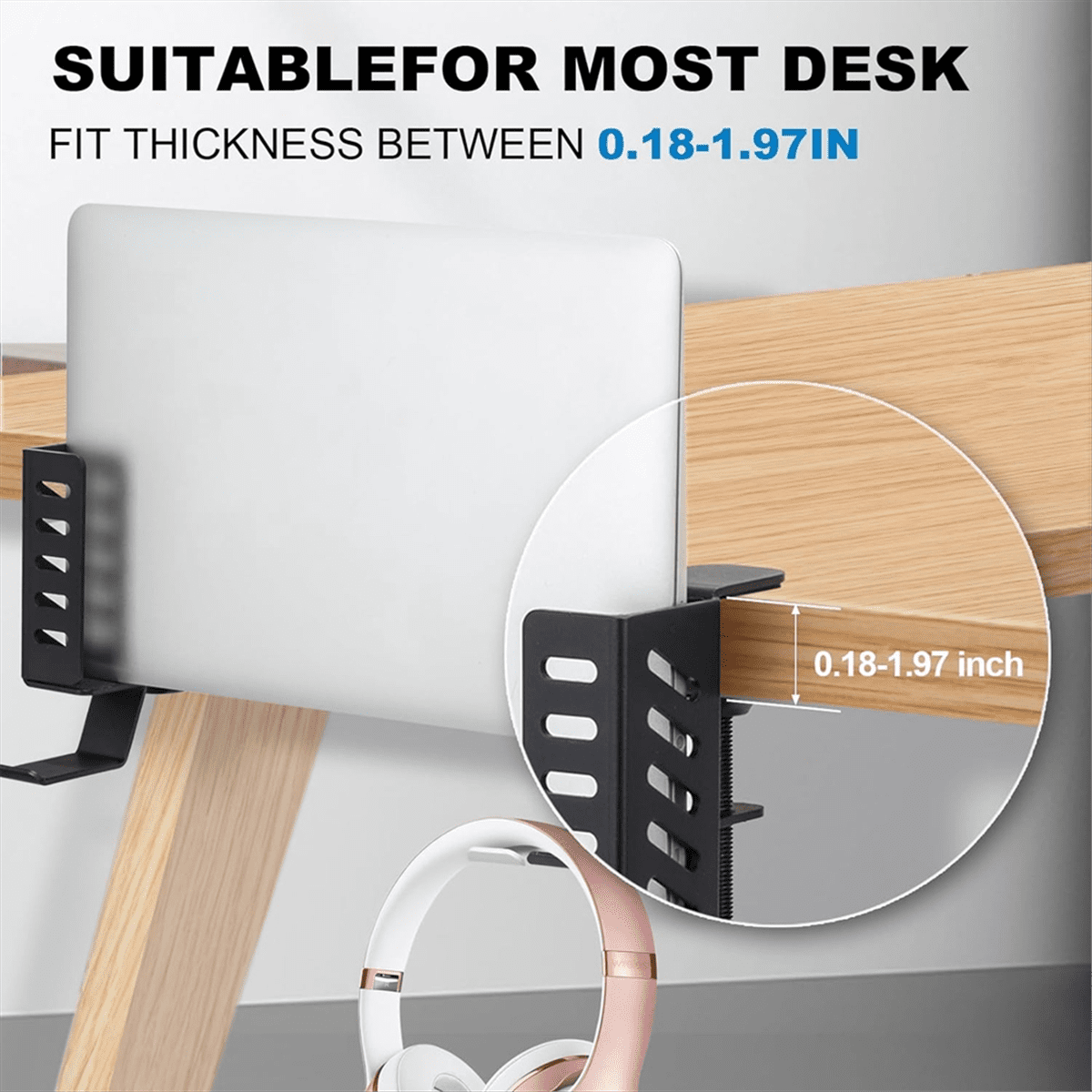 Desk Side Vertical Laptop Stand,No Drill Laptop Desktop Mount,Hanging Laptop Holder for Desk Side,Clamp on Desk Black