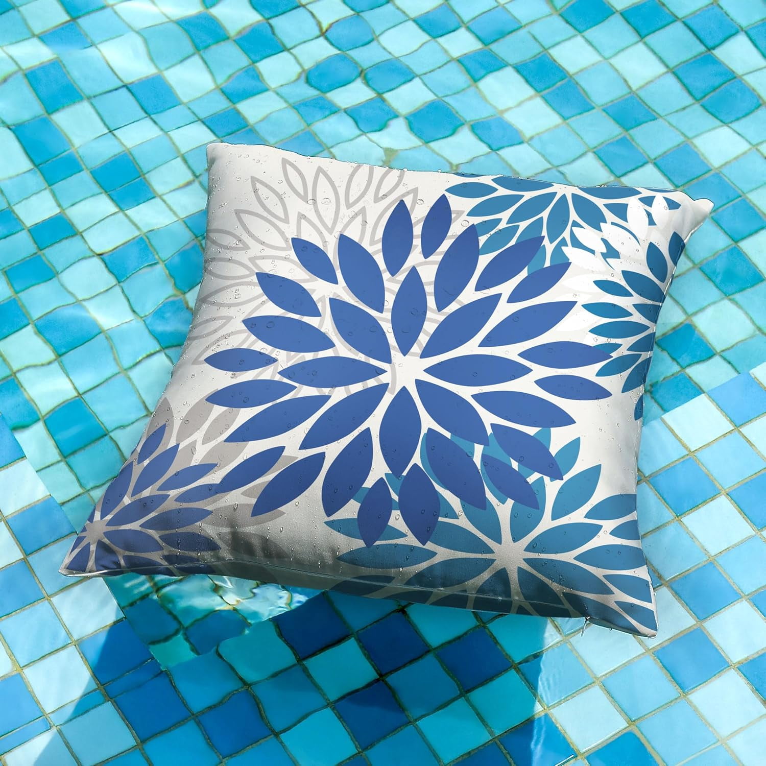 Blue Flower Pillow Covers 20x20 Inch Set of 2 Dark and Light Blue Colored Pillow Farmhouse Outdoor Waterproof Decor for Patio Funiture Garden Summer Floral Square Polyester Pillow Covers 002E20