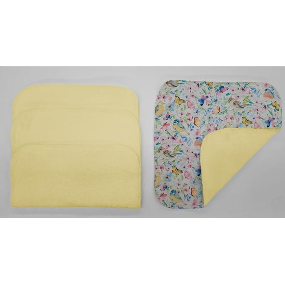 Birds & Butterflies in Blooms Washcloths (Set of 4) by Penny's Needful Things (Towel Color: Yellow) (White)