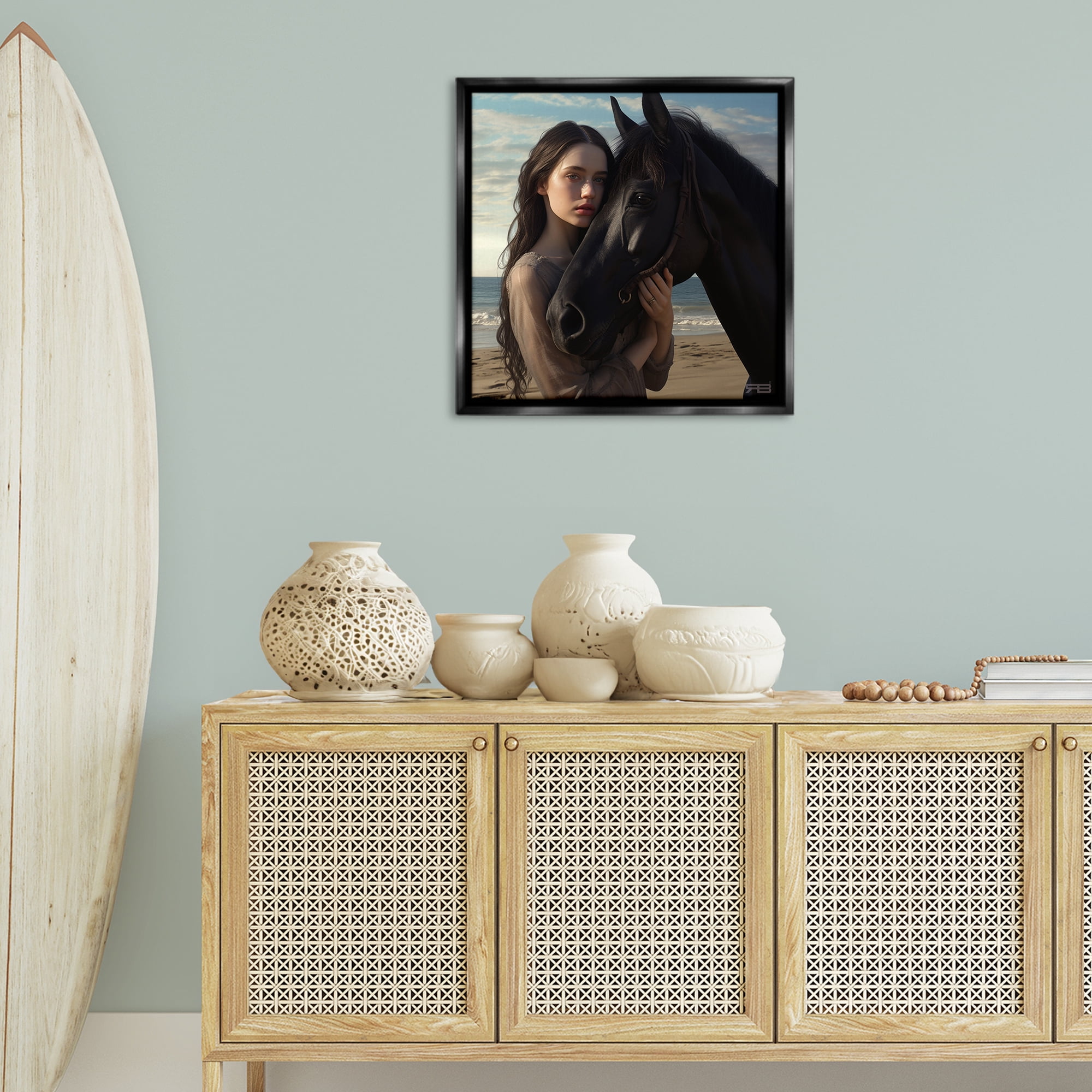 Stupell Industries Beautiful Girl & Stallion People Painting Black Floater Framed Canvas Art Print Wall Art, 25 x 25