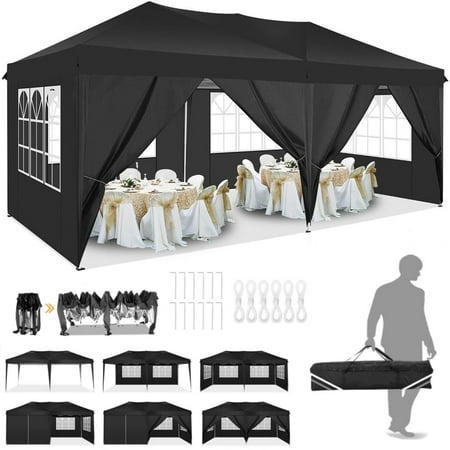 YUEBO 10x20ft Pop up Canopy, Fully Waterproof Canopy Tent with Sidewalls for Outdoor Sports, Black