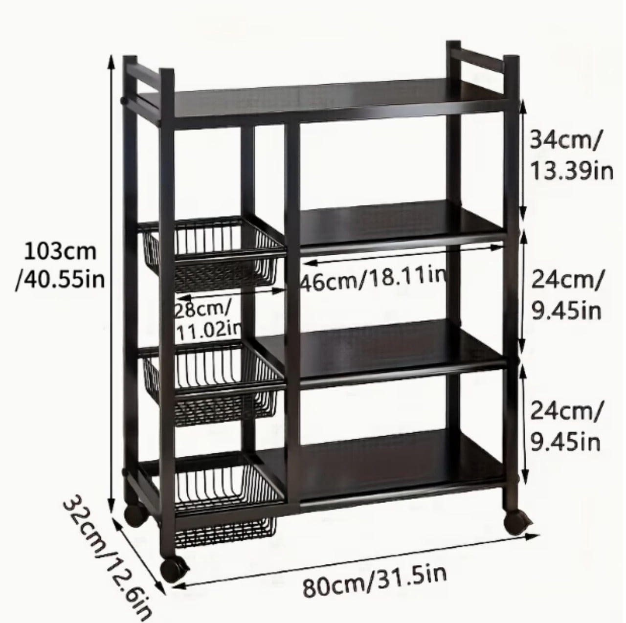 4-Tier Metal Heavy Duty Kitchen Rack, Mobile Utility Service Cart Kitchen Organizer Shelf with 3 Baskets, Organizer Shelves Storage Rack for Kitchen Garage