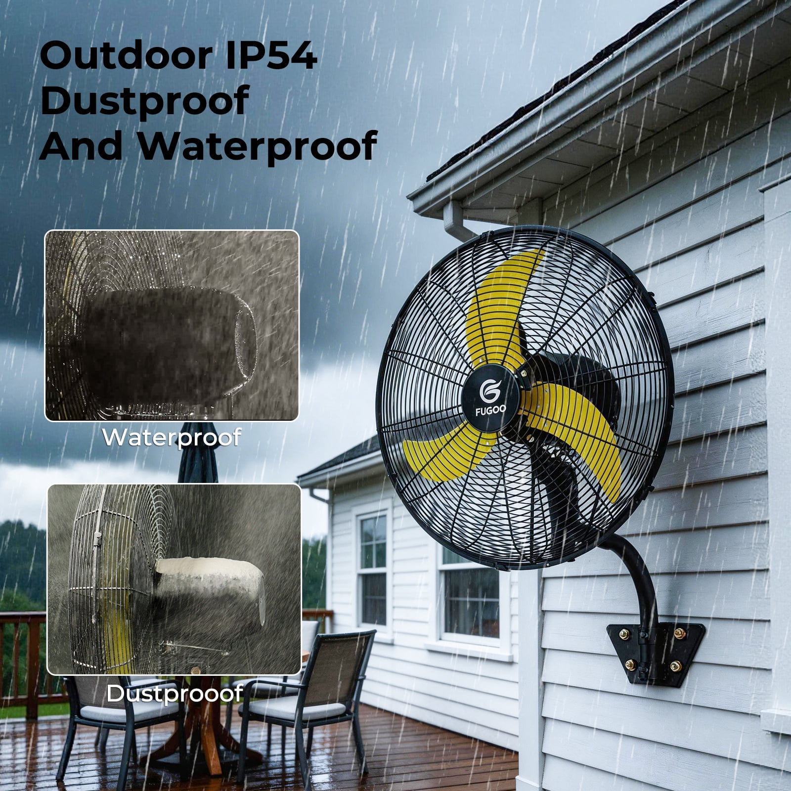 Fugoo 24Inch Outdoor Waterproof Wall Mount Fan, Quiet Oscillating, 4-Speed, Remote Control, 1800-6000 CFM