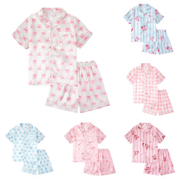FYDUU Girls Pajamas Bow Printed Short Sleeve Tops with Shorts Button Down Sleepwear Comfortable Kids Nightwear Daily Loungewear 6-7 Years