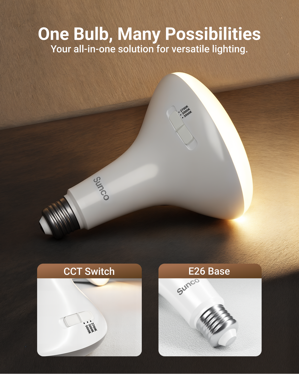 Sunco BR40 LED Light Bulbs, Indoor Flood Lights, Recessed Can Light Bulb, 1400 LM, 16W (100W Equivalent), Selectable CCT 2700K/3000K/5000K, Dimmable, E26 Base, for Home, Bedroom, Kitchen UL 4 Pack