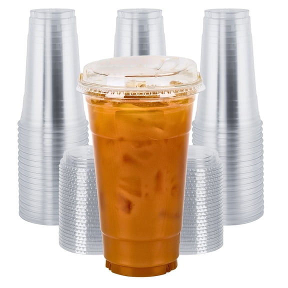 Green Direct 24 oz. Disposable Plastic Clear Cups with Strawless Sip Lids for Iced Coffee 100