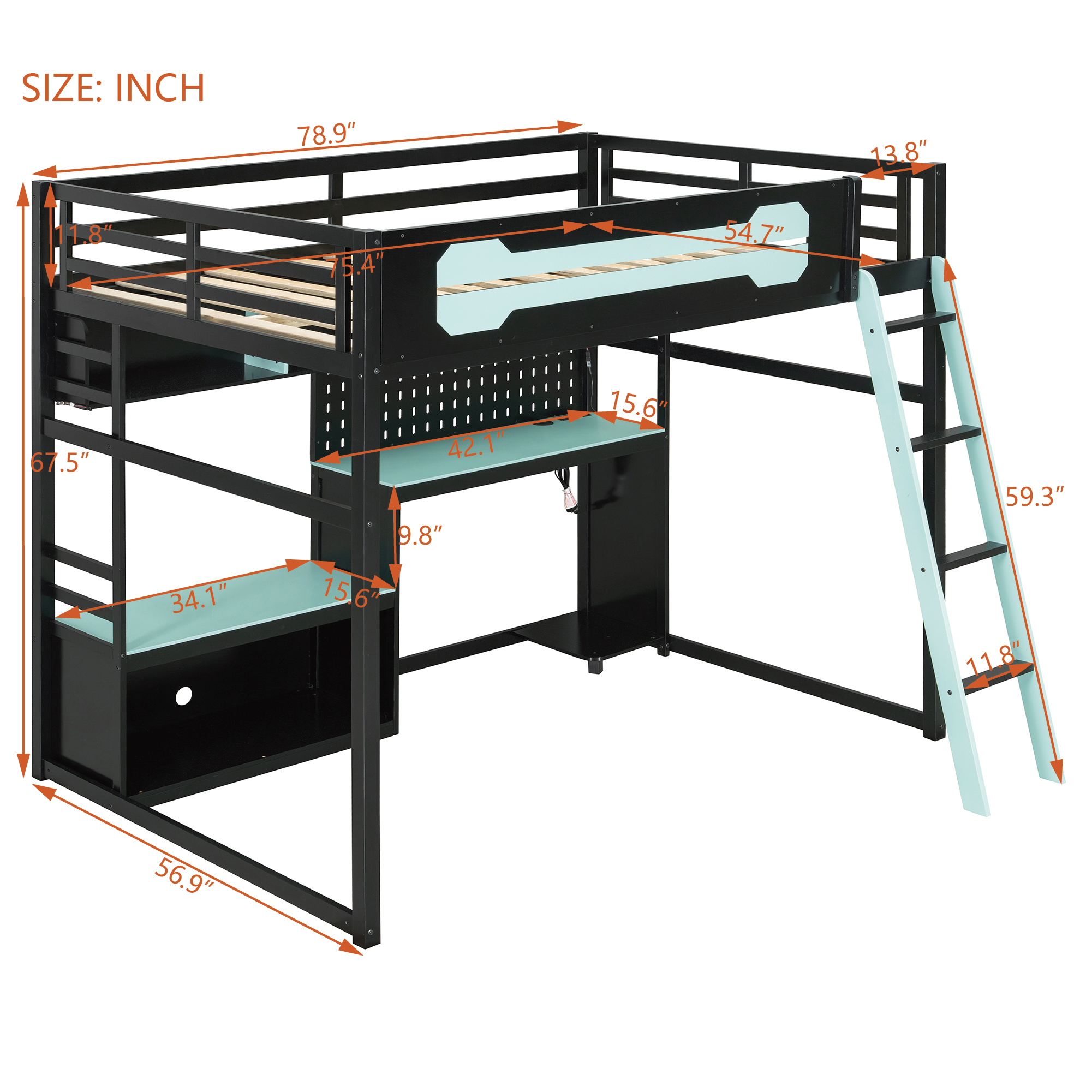Aukfa Full Size Loft Bed with Desk, Shelves, LED Lights, USB Ports & Pegboard, Wood Gaming Esports Loft Bed with Storage, Blue