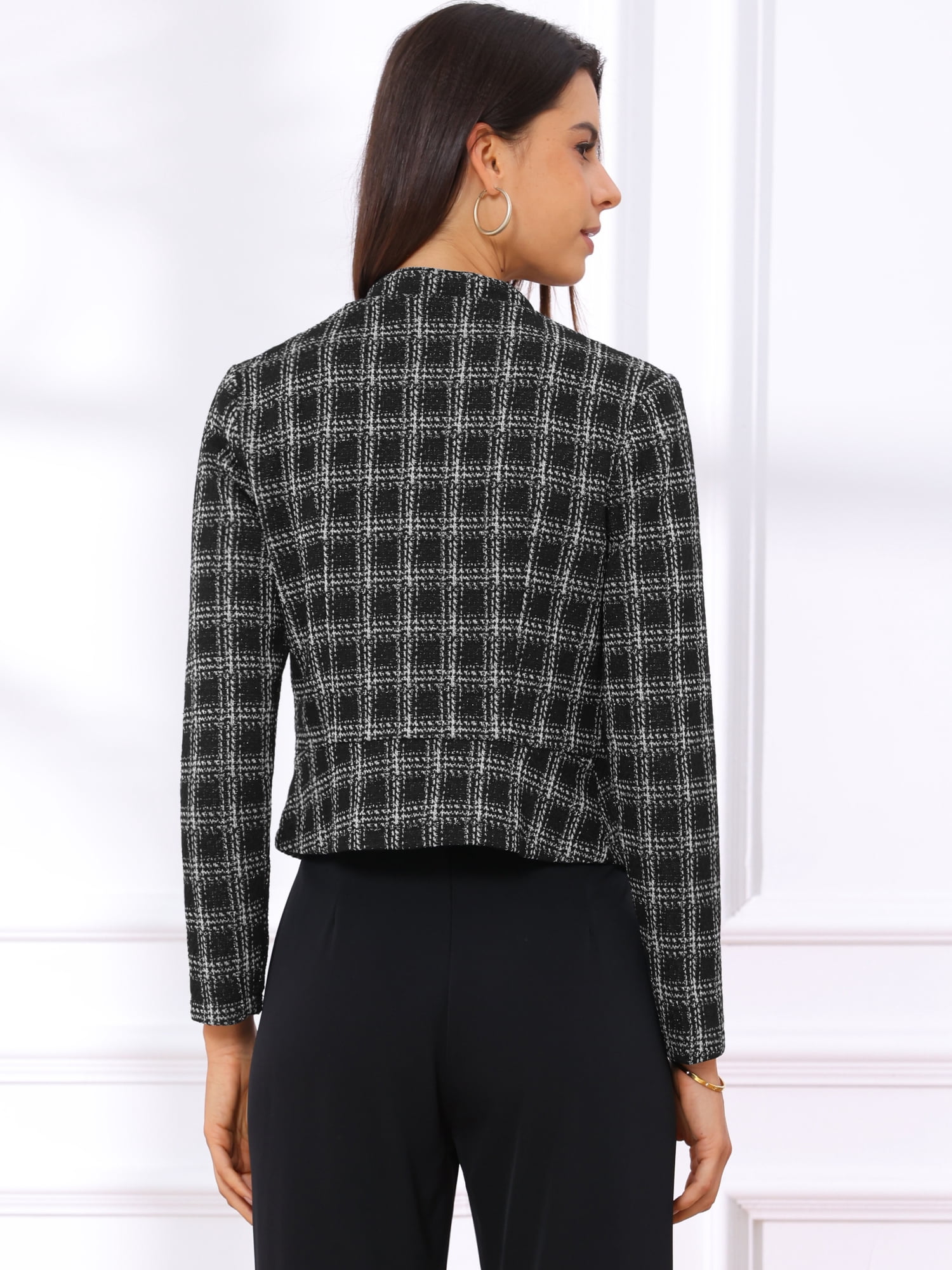 DARING DIVA Women's Elegant Plaid Tweed Blazer Band Collar Jacket M Black White