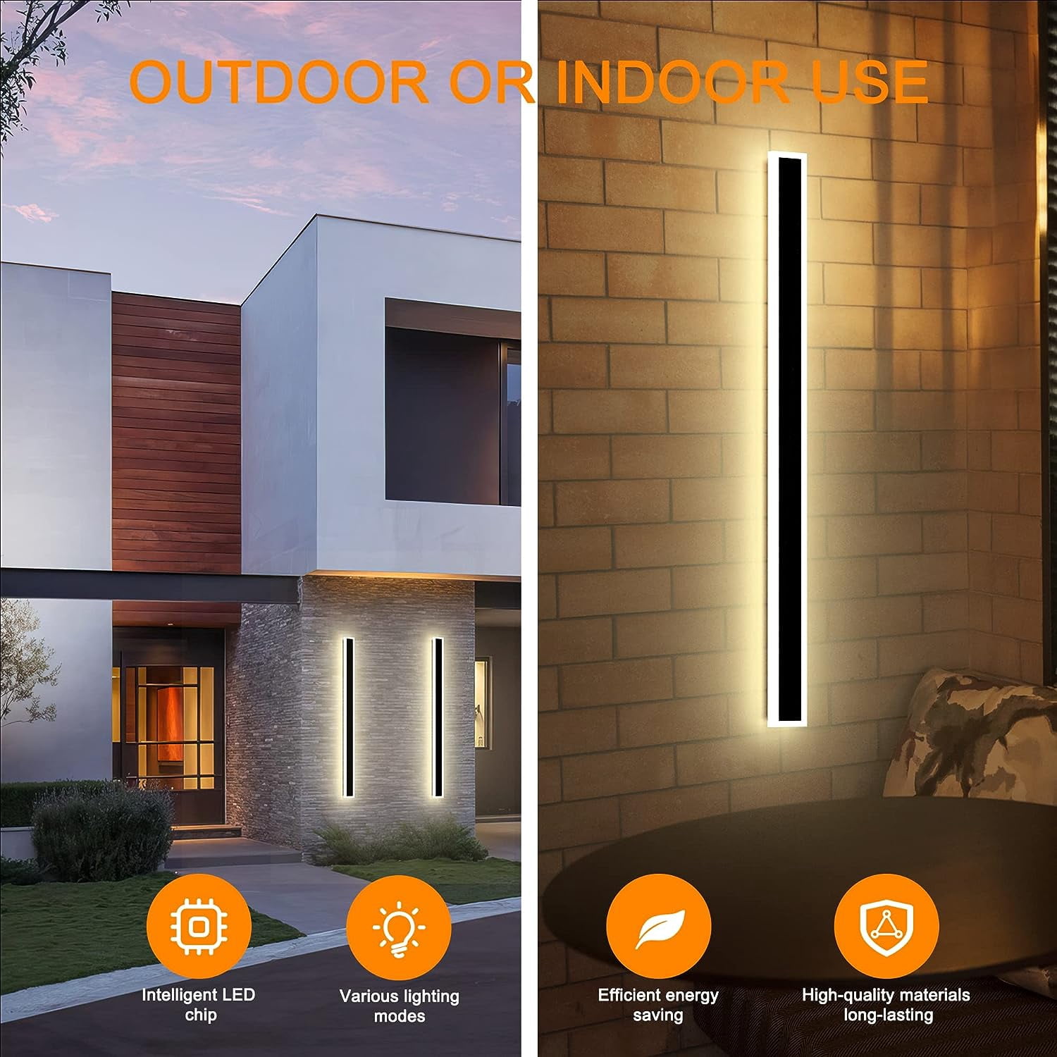 2Pack Outdoor Wall Lights, Long Outdoor Modern Led Wall Light, Waterproof Ip65 Warm/RGB 110v Outdoor Garage Lights Wall Mount Frosted White Acrylic Exterior Light Fixture for Patio (Black, 40in)