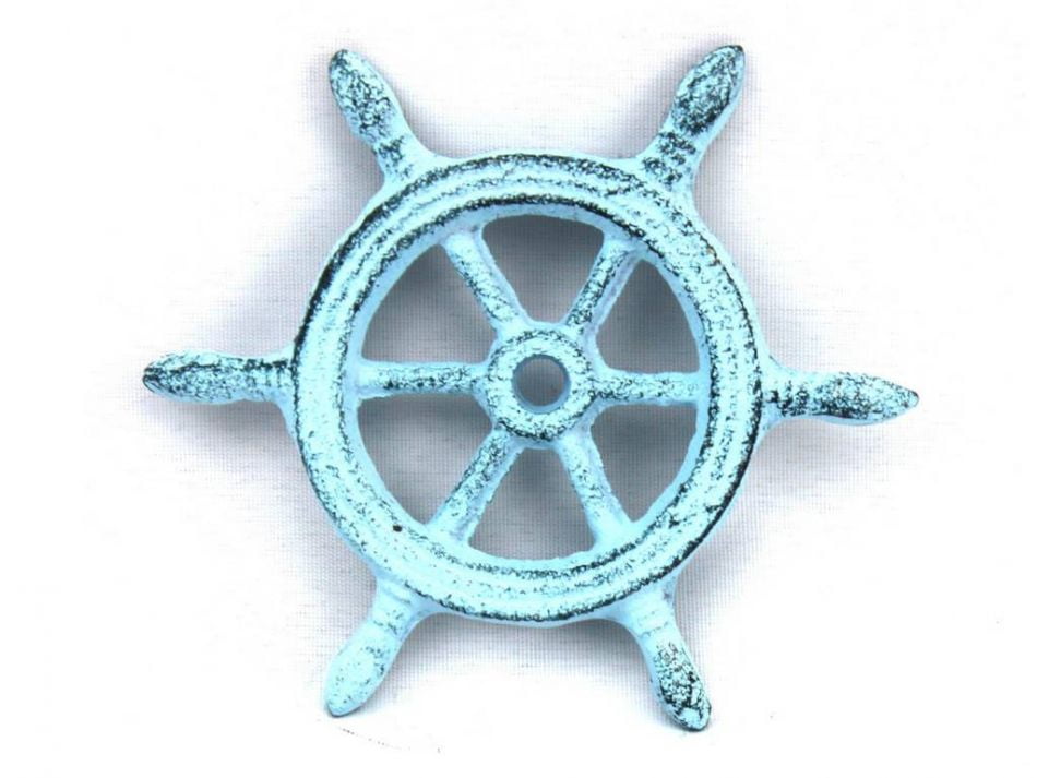 Dark Blue Whitewashed Cast Iron Ship Wheel Decorative Paperweight 4' - Decorative Cast Iron Ships Steering Wheel