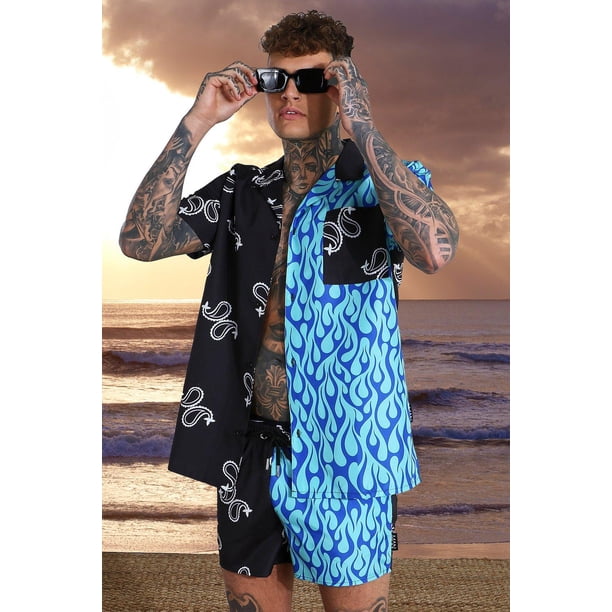 Conjuntos de hombre 2022, camisa informal de manga corta con solapa de retales estampada, pantalones cortos de playa, ropa de calle de verano, trajes hawaianos para vacaciones, S-3XL para hombre Tan Jianjun unisex