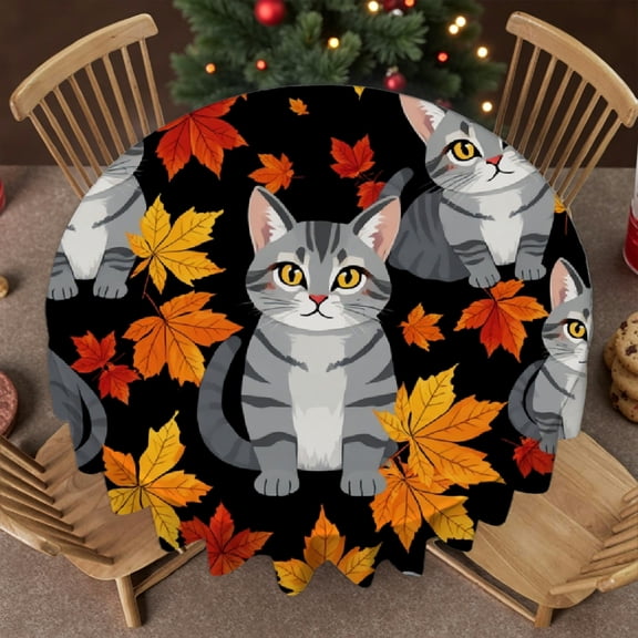 RKSupls Round Tablecloth - Autumn Tabby Cat Microfiber Table Cover - Soft, Stain Resistant & Washable Decor for Wedding, Party, Holiday, Home Dining, 60x60inch
