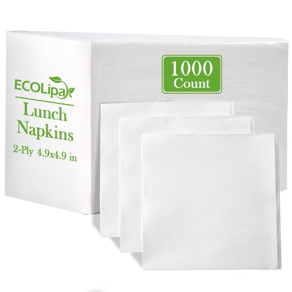 ECOLipak Lunch Napkins Bulk, 1000 Count Everyday Paper Napkins, 4.9Ã?4.9 Inch Folded, 2-Ply Soft And Absorbent for Dinner, Gathering, Bar, Restauran