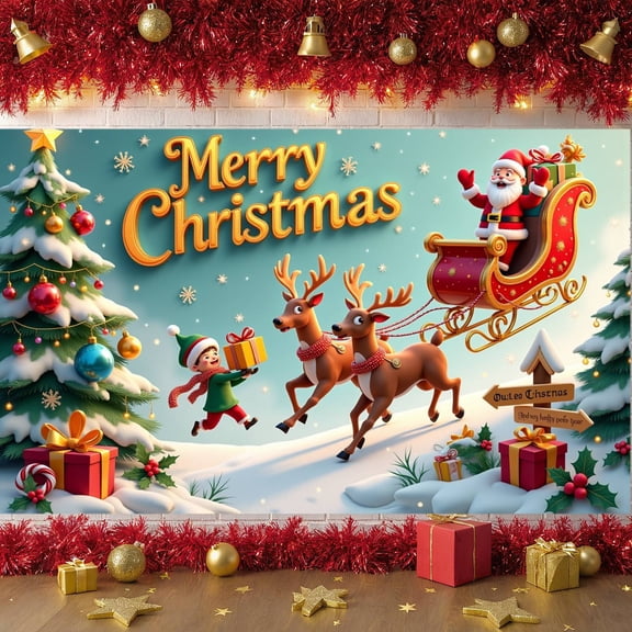 Golden Lettering Christmas Banner Reindeer Design Holiday Banner Santa Sleigh Gift Decor Xmas Backdrop for Christmas Party Indoor Celebration Family Gathering