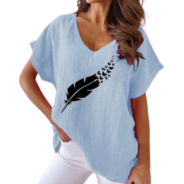 TSADFHJI Chandails en Molleton Femmes T-Shirt Imprimé Ample Décontracté Col Rond Manches Courtes T-Shirt Femmes P Bleu