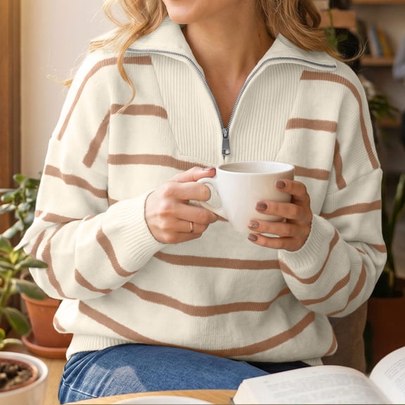 Womens Knit Tops Striped Quarter Zipper Long Sleeve Fashion Casual Pullover Sweaters for Daily Wear Brown S