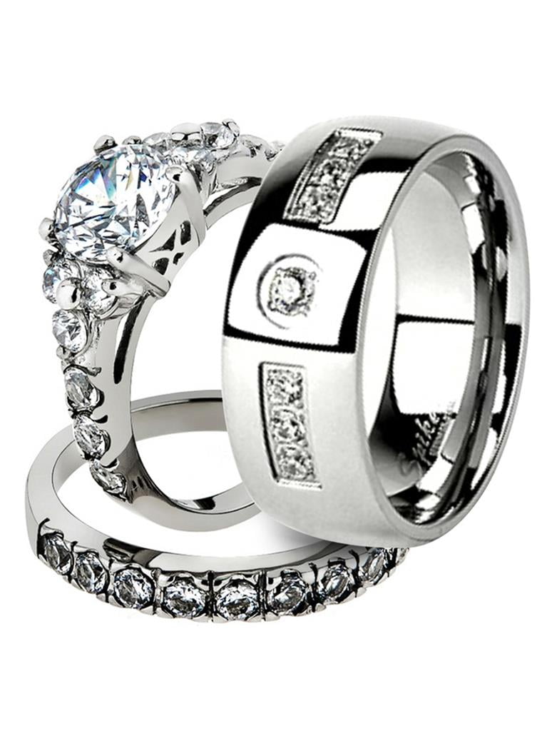 His & Her Stainless Steel 2.50 Ct Cz Bridal Ring Set & Men Zirconia Wedding Band 
