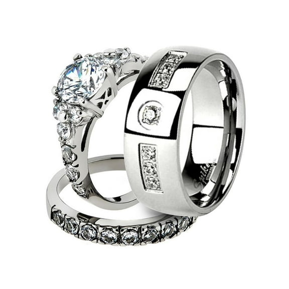 His and Her Stainless Steel 2.50 Ct Cz Bridal Ring Set and Men Zirconia Wedding Band Women's Size 10 Men's Size 12