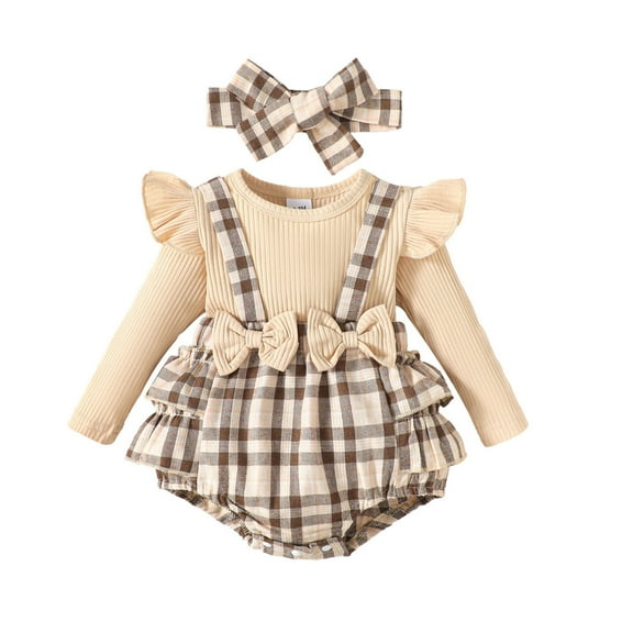 Baby Girls Cute Plaid Onesie Long Sleeve Crew Neck Casual Lounge Jumpsuit Bowknot Fall Winter Comfy One Piece Skirt Romper