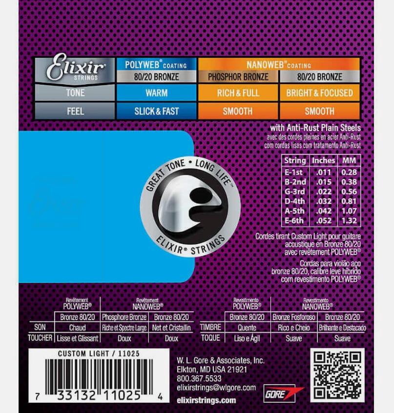 12 Sets Elixir Custom Light Polyweb Acoustic Guitar Strings 11-52 11025