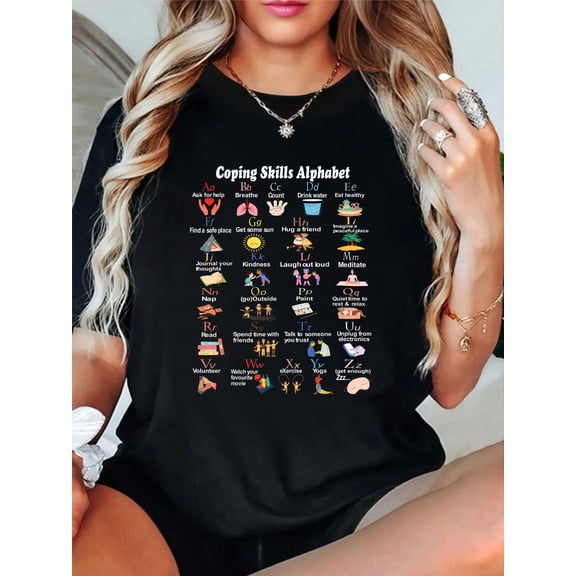 Coping Skills Alphabet Mental Health Awareness Women T-Shirt Graphic Tee summer Tops For Women Round Neck Fashion Cotton shirts