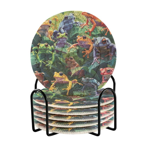 Colorful Frogs on Leaves Coasters with Holder for Coffee Table 6 Pcs Drink Coaster Sets Absorbent for Home Decor 4 inch