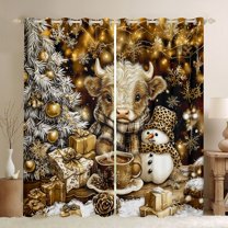 Homewish Kawaii Highland Cow Blackout Curtains Set of 2 (52x84 Each), Xmas Tree Gifts Window Curtains, Black Gold Christmas Theme Curtains and Drapes, Window Curtains Bedroom Decor
