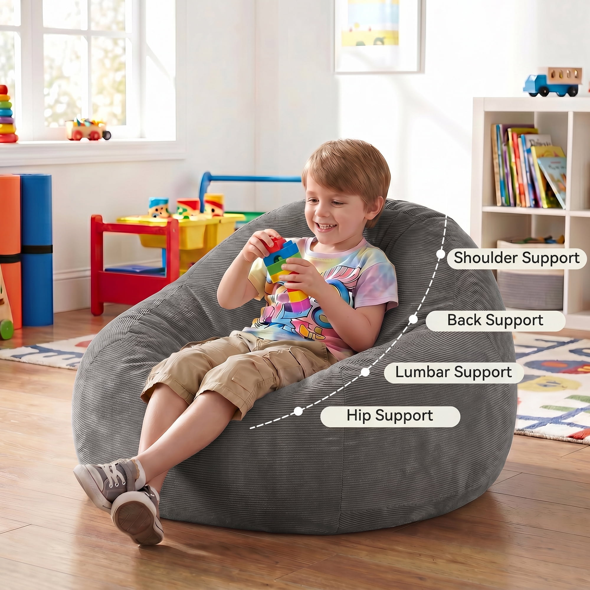 1PCS Kids Bean Bag Chair with Foam Filler, Corduroy Upholstered Bean Bag Sofa, No-Assembly Lazy Reading Chair