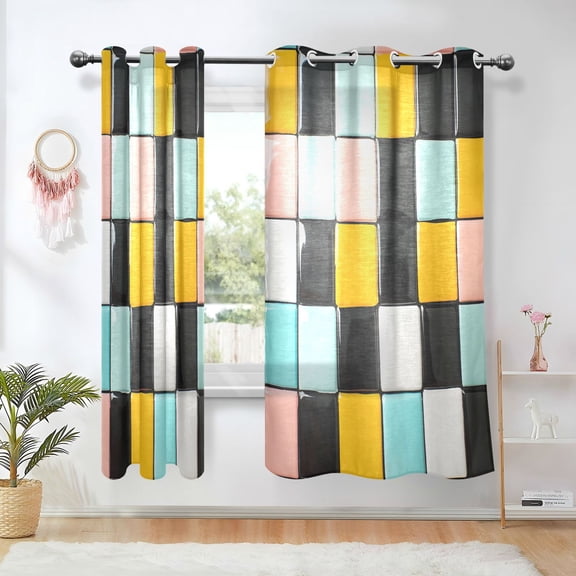 Yayeee Window Curtains Light Filtering 63"x42" Grommet Panel Pair Home Living Room Decor, Yellow Checkered Pattern