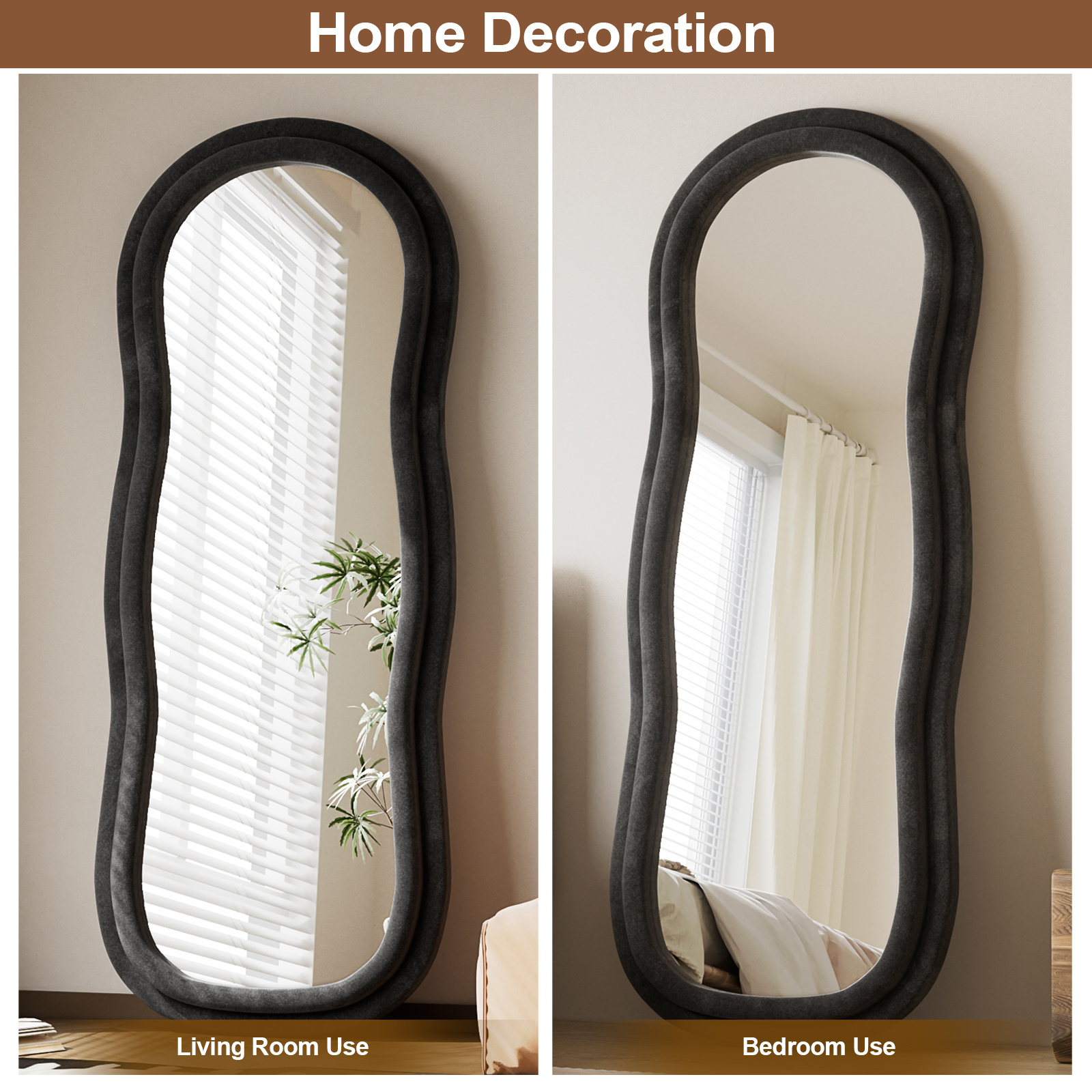 Gleamira 63"x24" Full Length Mirror Wavy Frame Arched Floor Mirror Flannel Wrapped Wooden Frame Hanging Leaning Mirror, Black