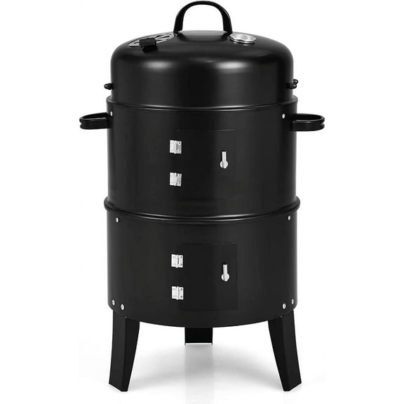 YJETYH Vertical Grill Smoker, 400 Sq In Cooking Area with 2 Grills (14.5” Diameter), 2-Layer Multifunctional Design (Smoker/BBQ/Fire Pit), Black Steel with Porcelain Enamel, 13 lbs Net Weight​