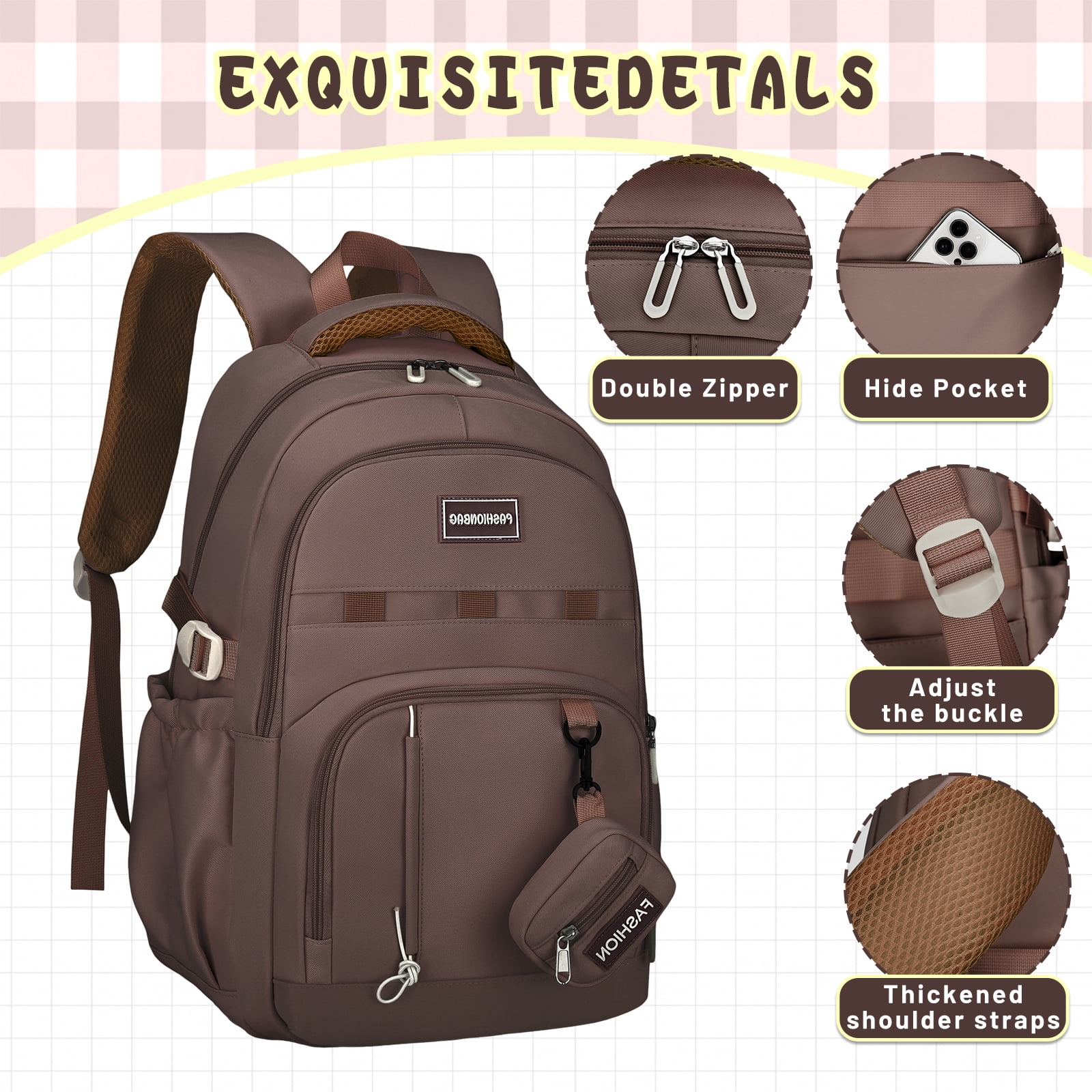 DAKIMOE School Backpack for College High Middle School Fashion Student Bag Cute Aesthetic Teen Bookbag for Teens Women Kids Girls Brown