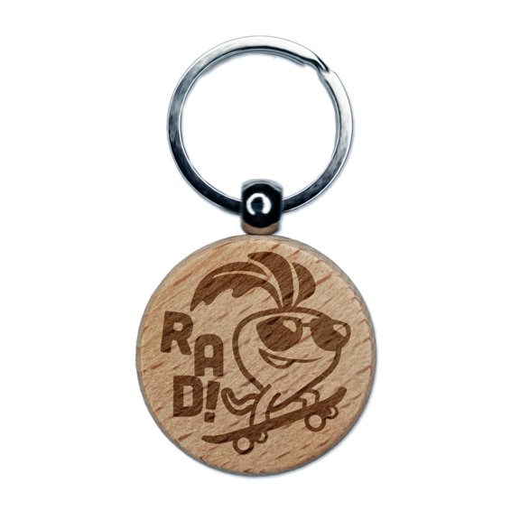Totally Rad Radish on Skateboard Round Keychain Charm Tag - Engraved Wood