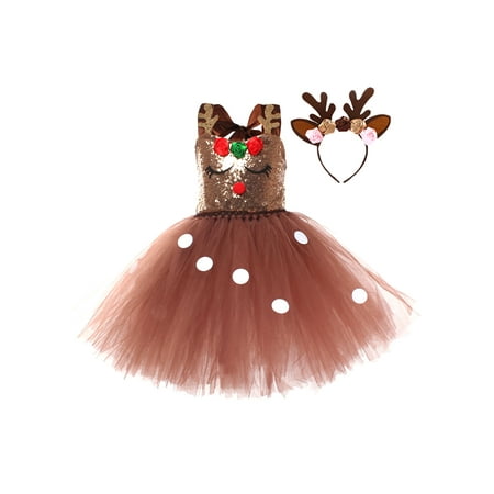 

LWXQWDS Baby Girls Christmas Reindeer Tulle Party Tutu Gown Dress-up Fancy Princess Dresses