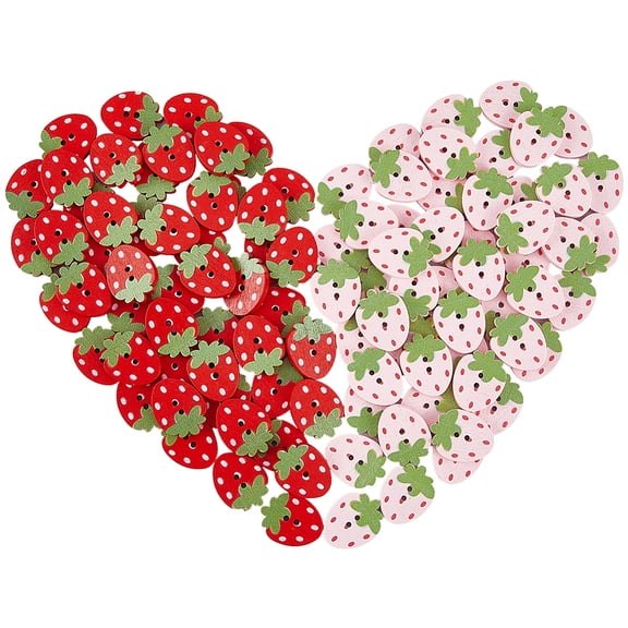 100Pcs 2 Colors Strawberry Button Decorative Buttons Embellishment 2 Holes Wooden Pink Red Strawberry Fruit Shaped Wood Tags Buckles Crafts