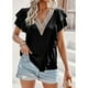 thumbnail image 3 of Camisa de manga corta para mujer, cuello en V profundo, empalme de encaje con volantes, Color puro, informal, suelta, Top de manga corta para mujer para verano, negro L, 3 of 6