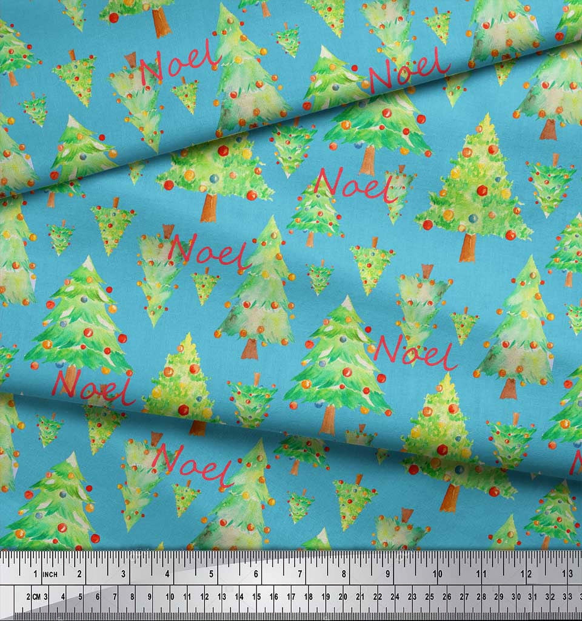 Soimoi Blue Poly Georgette Fabric Text & Christmas Tree Printed Craft Fabric by the Yard 52 Inch Wide