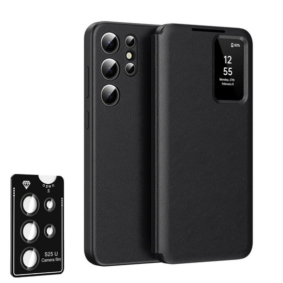 Pozyie for Samsung Galaxy S25 Ultra Smart Wallet Case with Smart Small Screen View, Lens Protector, Card Pocket, PU Leather Flip Cover,Black